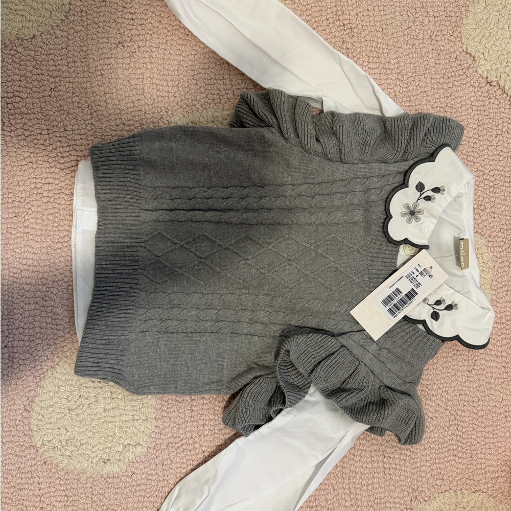 Gray Cable-Knit Ruffle Sleeve Sweater with Embroidered Collar